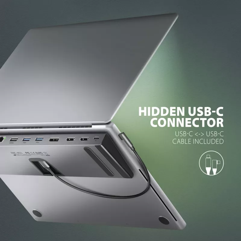 Docking station Axagon HMC-4KX3 USB-C 5Gbps hub, 3x USB-A, 2x HDMI, DP, RJ-45, SD/microSD, audio, PD 100W, cable 40cm