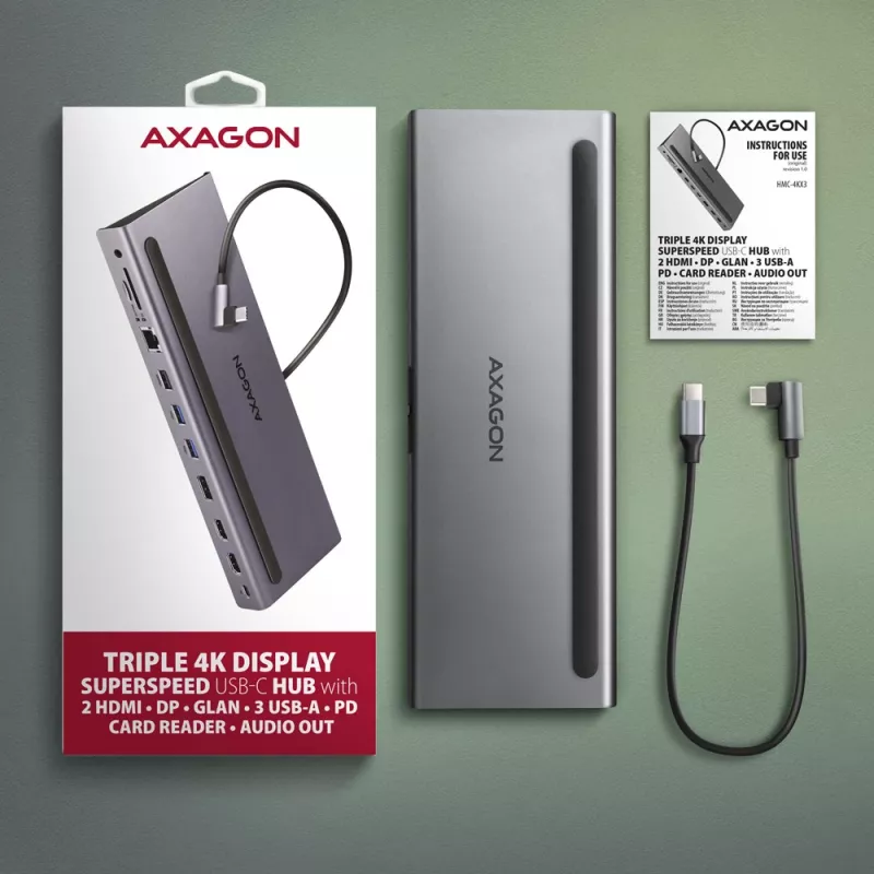 Docking station Axagon HMC-4KX3 USB-C 5Gbps hub, 3x USB-A, 2x HDMI, DP, RJ-45, SD/microSD, audio, PD 100W, cable 40cm