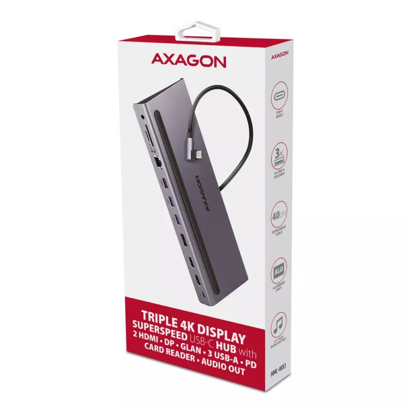 Docking station Axagon HMC-4KX3 USB-C 5Gbps hub, 3x USB-A, 2x HDMI, DP, RJ-45, SD/microSD, audio, PD 100W, cable 40cm