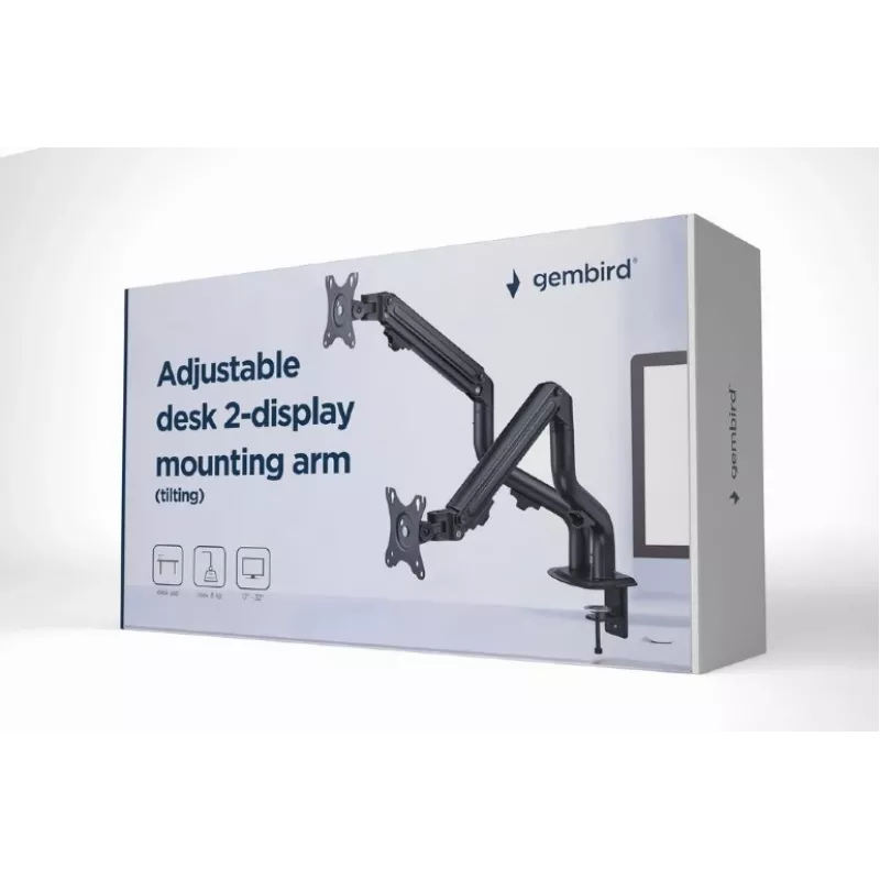 Monitor mount GEMBIRD MA-DA2-02 Black dual-arm for 2 displays up to 32 inch VESA 75x75–100x100, clamp or grommet, max load 16 kg
