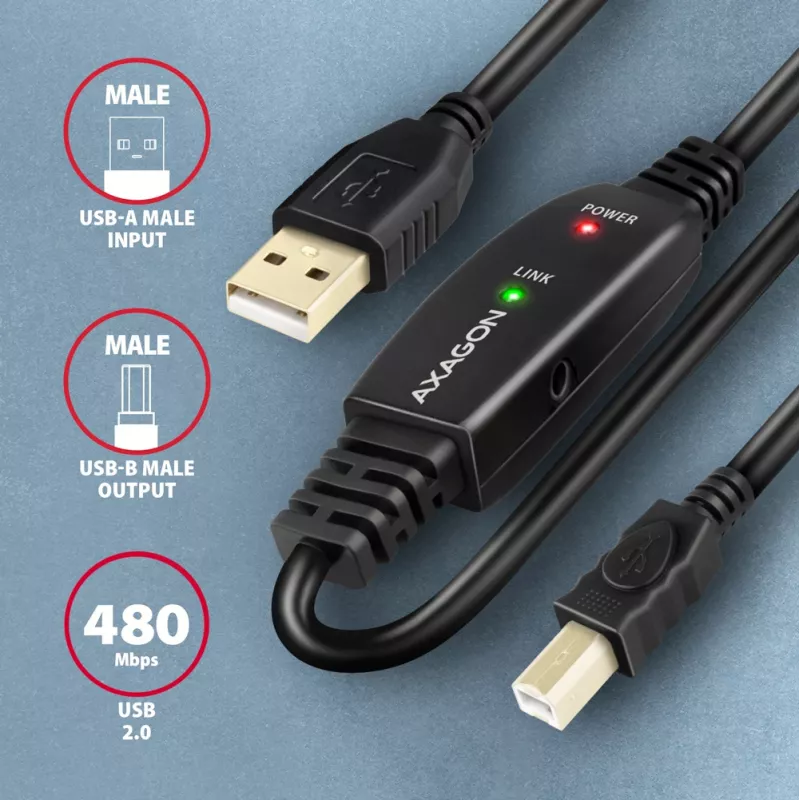 Axagon ADR-220B USB 2.0 A-M -> B-M active connecting/repeater cable 20m
