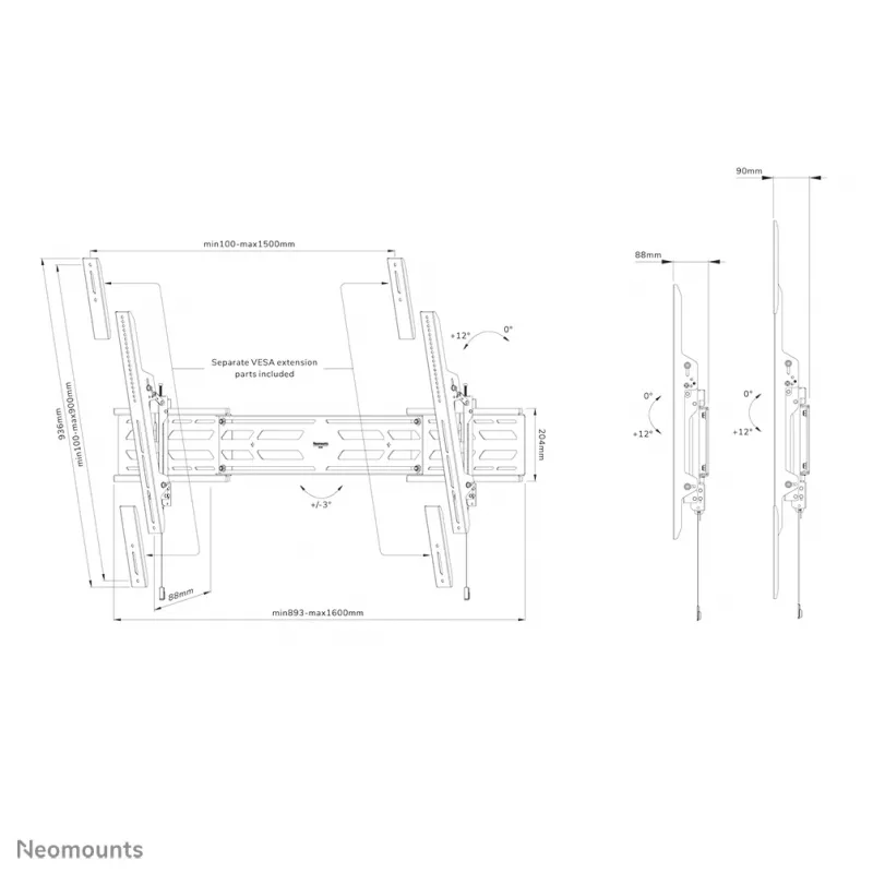 Neomounts WL35S-950BL19 Heavy duty wall mount 55-115 inch - tiltable - lockable - landscape and portrait