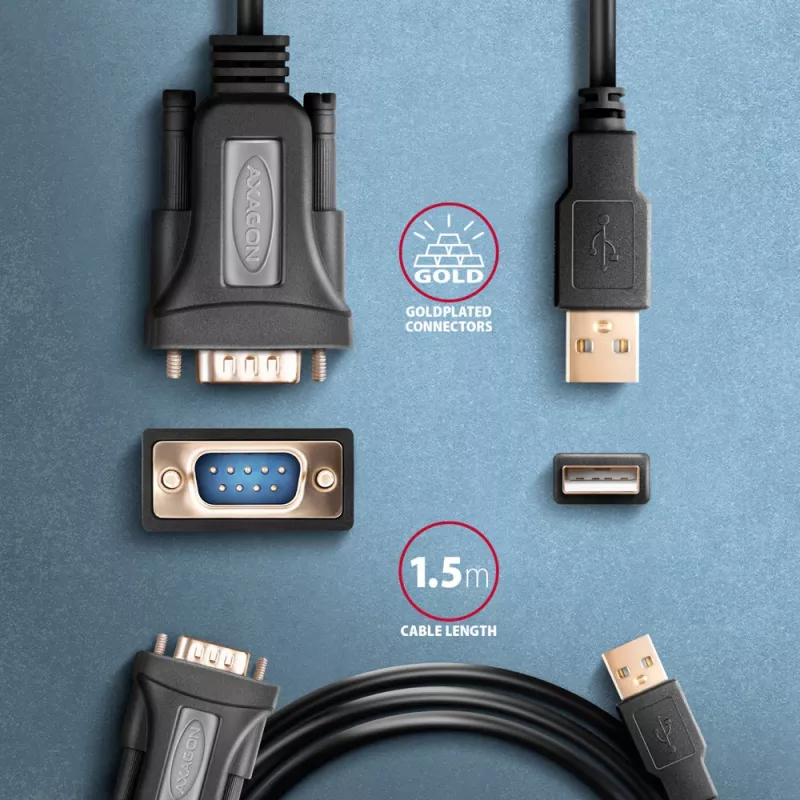 Axagon ADS-1PQN USB-A 2.0 - serial RS-232 DB9-M FTDI adapter cable 1.5m - Adapter - Digital/Daten serial cable Black USB Type-A