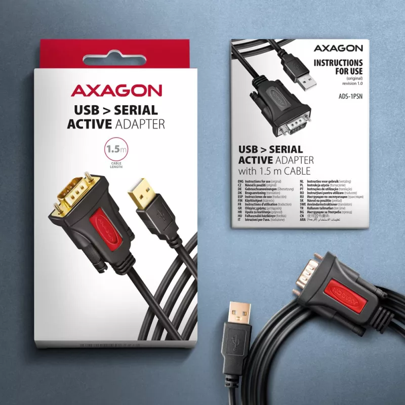 Axagon ADS-1PSN USB-A 2.0 - serial RS-232 DB9-M Prolific adapter cable 1.5m - Adapter - Digital/Daten serial cable Black USB Type-A