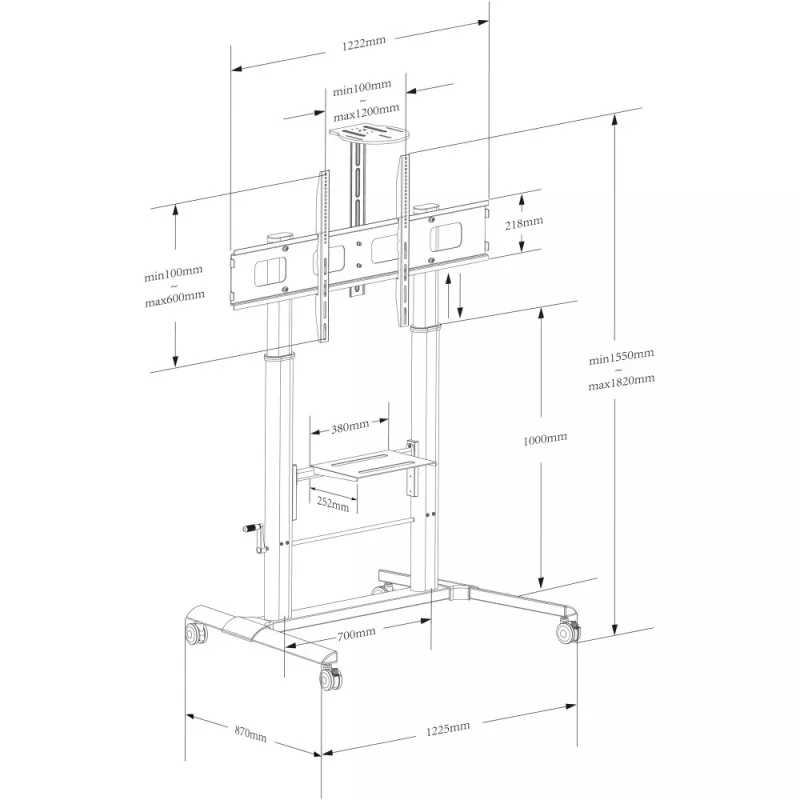 Multimedia cart TECHLY ICA-TR230 Black for flat panel up to 110 inch, VESA 900x600, height 1850 mm, load 120 kg