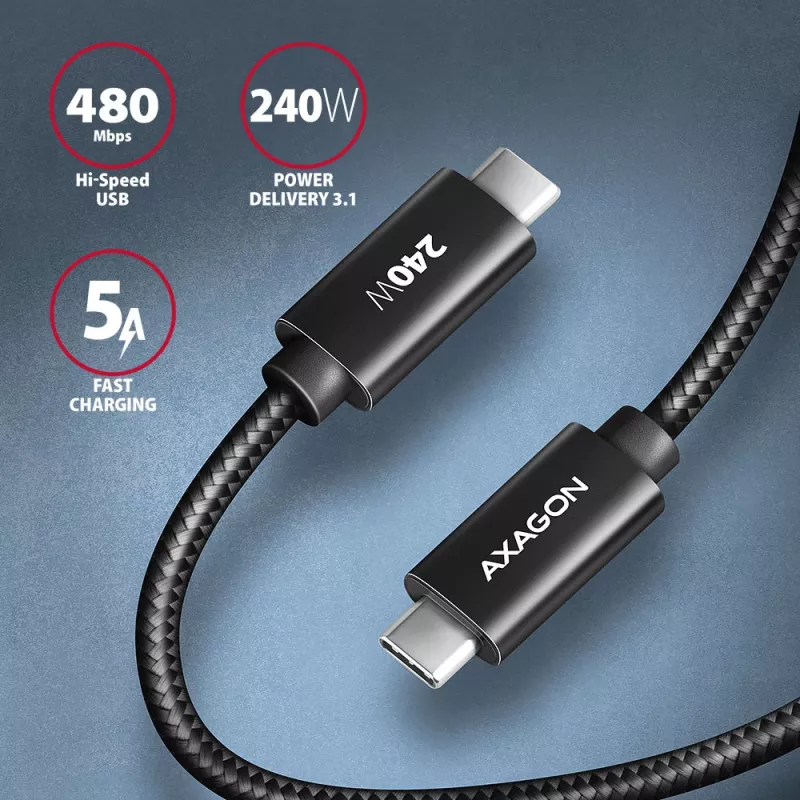 Axagon BUCM2-CM10AB Data and charging USB 480Mbps cable 1 m. PD 240W, 5A. Black braided