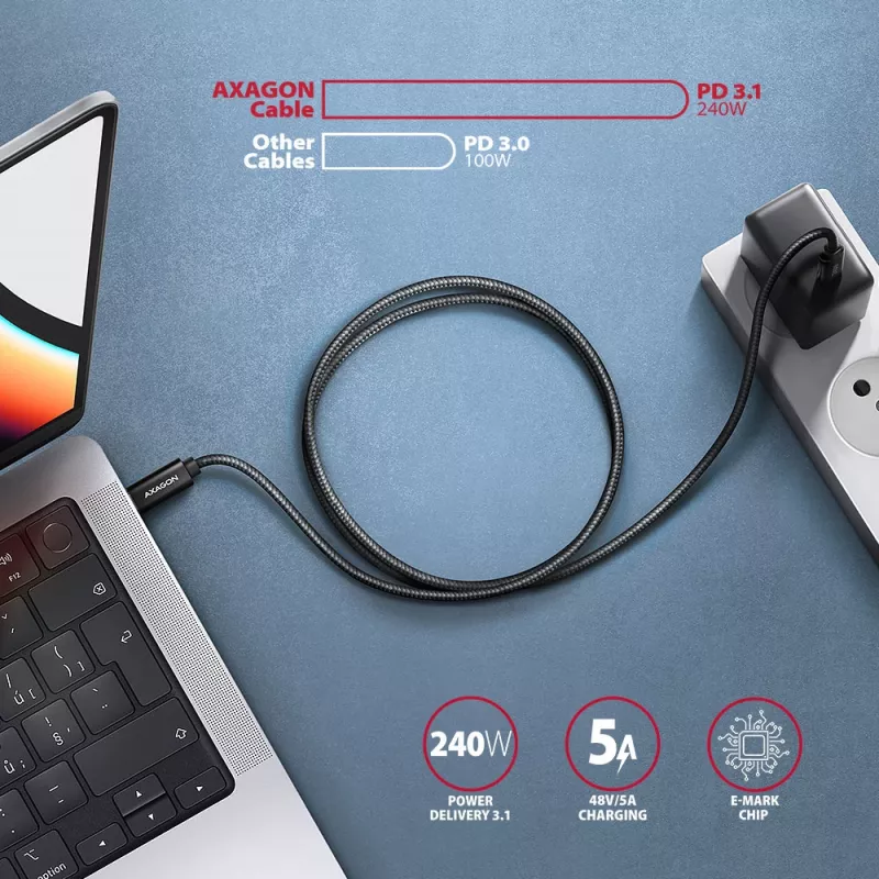 Axagon BUCM2-CM20AB Data and charging USB 480Mbps cable 2 m. PD 240W, 5A. Black braided