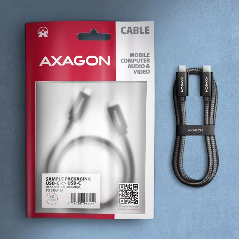 Axagon BUCM2-CM20AB Data and charging USB 480Mbps cable 2 m. PD 240W, 5A. Black braided