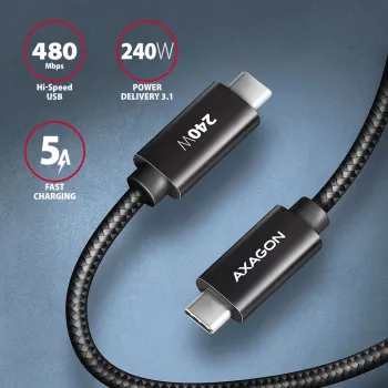 Axagon BUCM2-CM25AB Data and charging USB 480Mbps cable 2.5 m. PD 240W, 5A. Black braided