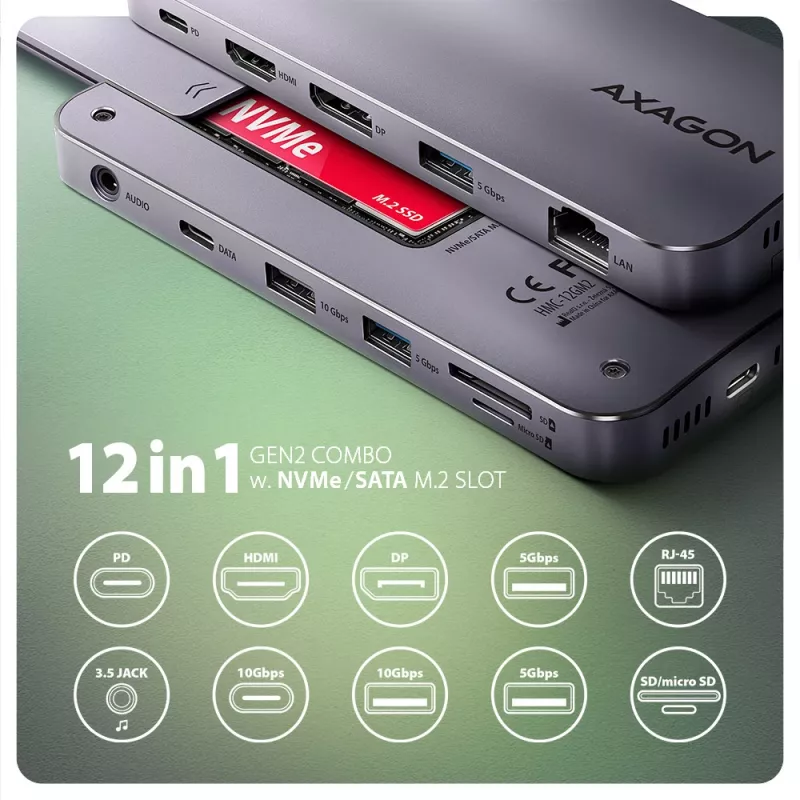 Axagon HMC-12GM2, USB 10Gbps hub, 3x USB-A, USB-C, HDMI, DP, RJ-45, M.2, SD/mSD, audio, PD