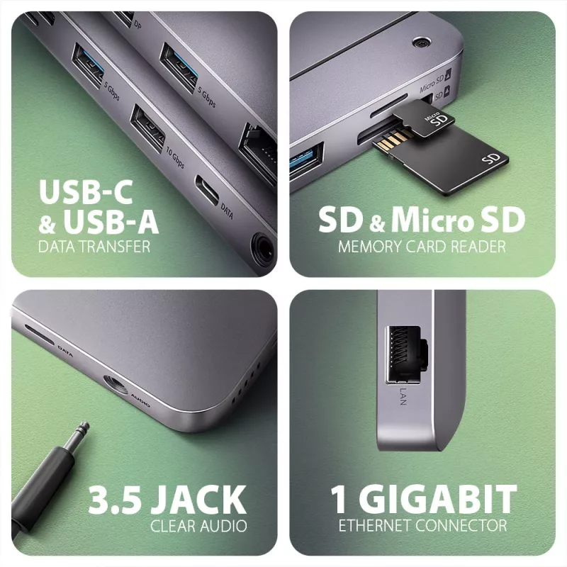 Axagon HMC-12GM2, USB 10Gbps hub, 3x USB-A, USB-C, HDMI, DP, RJ-45, M.2, SD/mSD, audio, PD