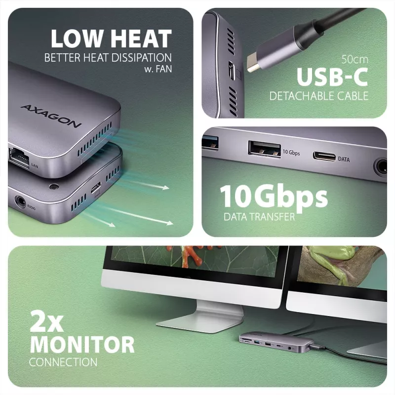 Axagon HMC-12GM2, USB 10Gbps hub, 3x USB-A, USB-C, HDMI, DP, RJ-45, M.2, SD/mSD, audio, PD