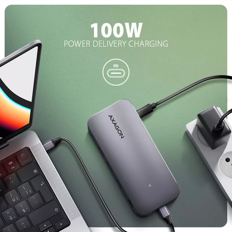 Axagon HMC-12GM2, USB 10Gbps hub, 3x USB-A, USB-C, HDMI, DP, RJ-45, M.2, SD/mSD, audio, PD
