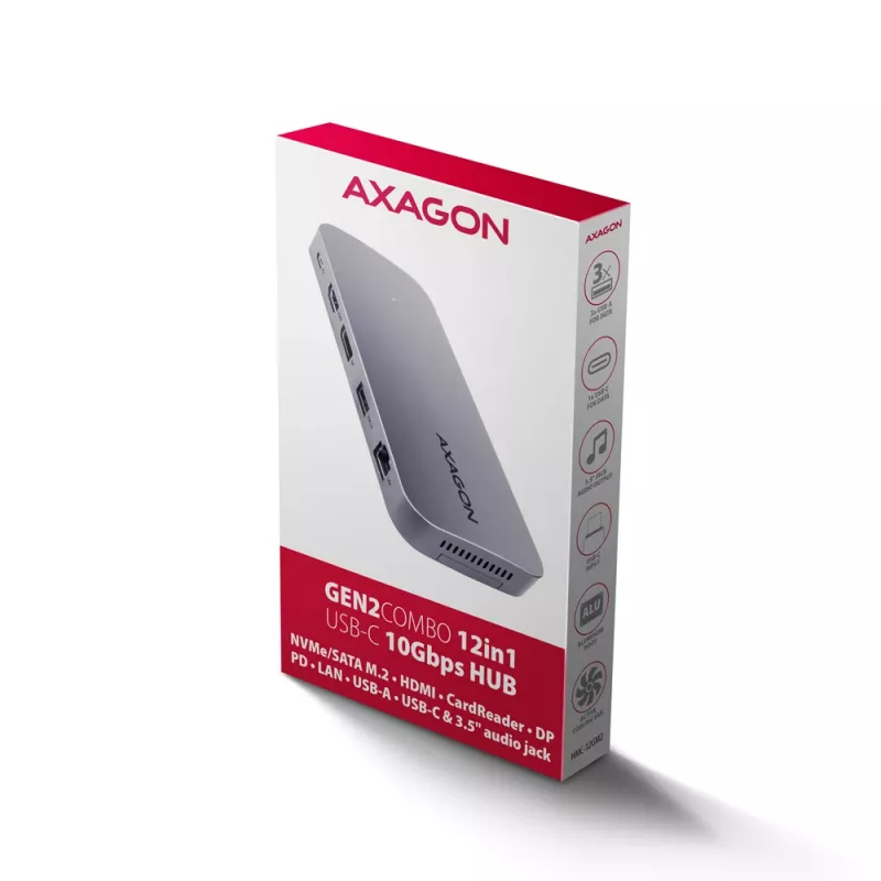 Axagon HMC-12GM2, USB 10Gbps hub, 3x USB-A, USB-C, HDMI, DP, RJ-45, M.2, SD/mSD, audio, PD