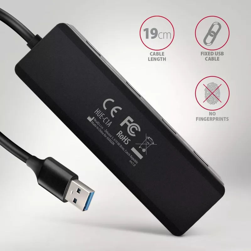 Axagon HUE-C1A 4x USB 5Gbps TRAVEL hub, USB-C power IN, 19cm USB-A cable