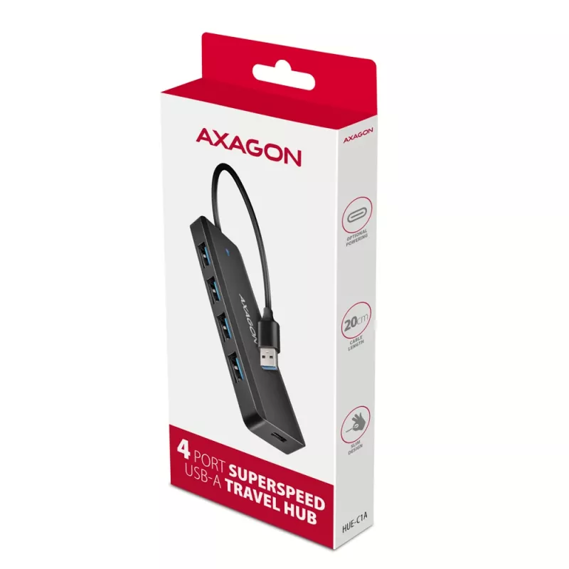 Axagon HUE-C1A 4x USB 5Gbps TRAVEL hub, USB-C power IN, 19cm USB-A cable