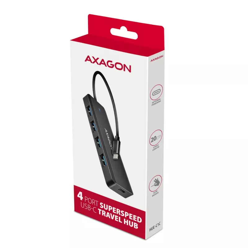 Axagon HUE-C1C 4x USB 5Gbps TRAVEL hub, USB-C power IN, 19cm USB-C cable