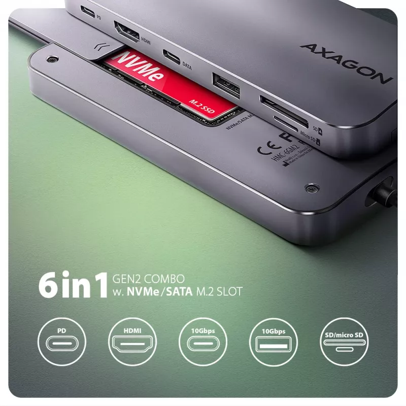 Axagon HMC-6GM2 USB 10Gbps hub USB-A USB-C HDMI M.2 SD/mSD PD 100W USB-C Wired USB 3.2 Gen 2 (3.1 Gen 2) Type-C Grey