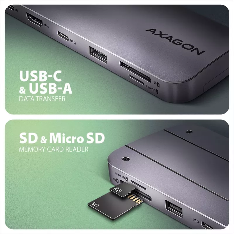 Axagon HMC-6GM2 USB 10Gbps hub USB-A USB-C HDMI M.2 SD/mSD PD 100W USB-C Wired USB 3.2 Gen 2 (3.1 Gen 2) Type-C Grey