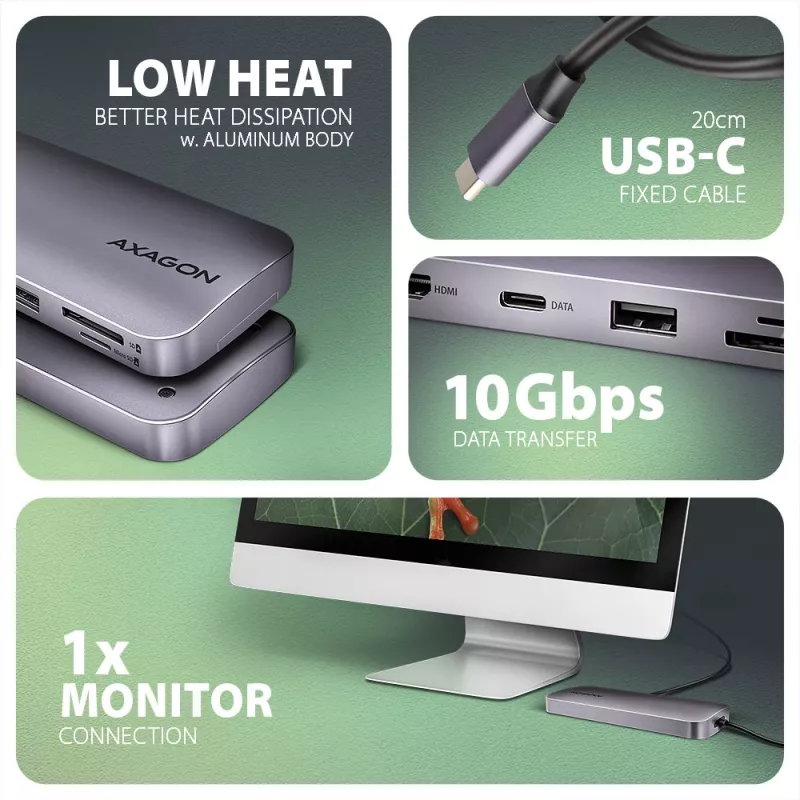 Axagon HMC-6GM2 USB 10Gbps hub USB-A USB-C HDMI M.2 SD/mSD PD 100W USB-C Wired USB 3.2 Gen 2 (3.1 Gen 2) Type-C Grey