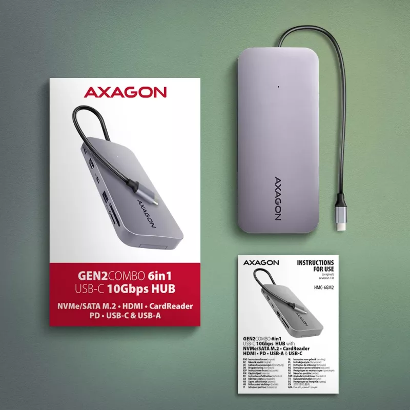 Axagon HMC-6GM2 USB 10Gbps hub USB-A USB-C HDMI M.2 SD/mSD PD 100W USB-C Wired USB 3.2 Gen 2 (3.1 Gen 2) Type-C Grey