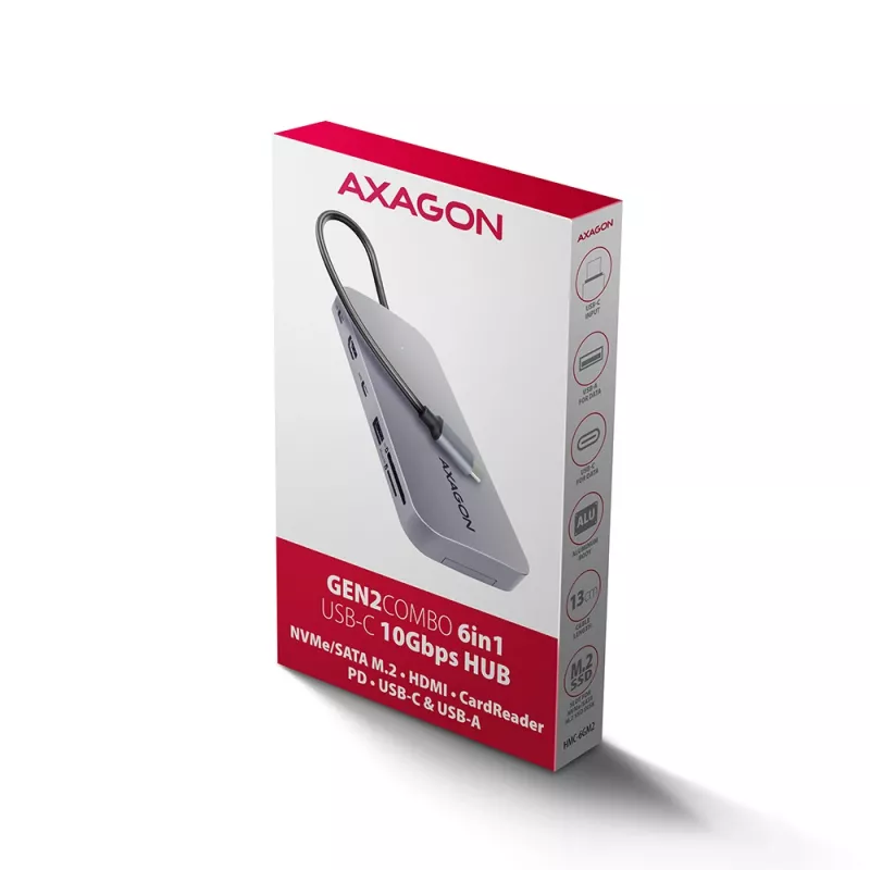 Axagon HMC-6GM2 USB 10Gbps hub USB-A USB-C HDMI M.2 SD/mSD PD 100W USB-C Wired USB 3.2 Gen 2 (3.1 Gen 2) Type-C Grey