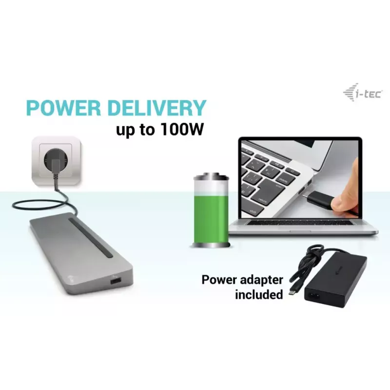 i-tec USB-C Metal Ergonomic 3x 4K Display Docking Station with Power Delivery 100 W + Universal Charger 100 W