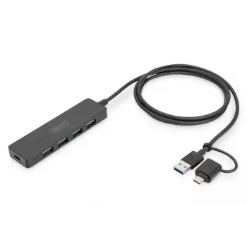 DIGITUS USB 3.0 Hub 4-Port Slimline with USB-C Adapter 5Gbps 1m cable
