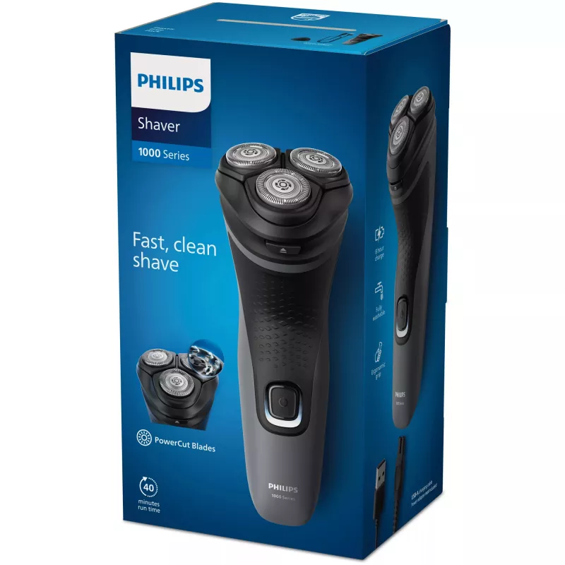 Philips Shaver 1000 Series S1142/00 Electric Shaver, Rotation shaver, Black, Grey, PowerCut blade system, SH30, 2 year(s), Battery