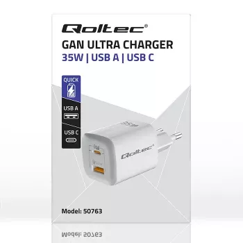 QOLTEC Charger 50763 — Indoor AC Fast Charger 35W, USB-C PD 3.0 + USB-A, 5–20V, White
