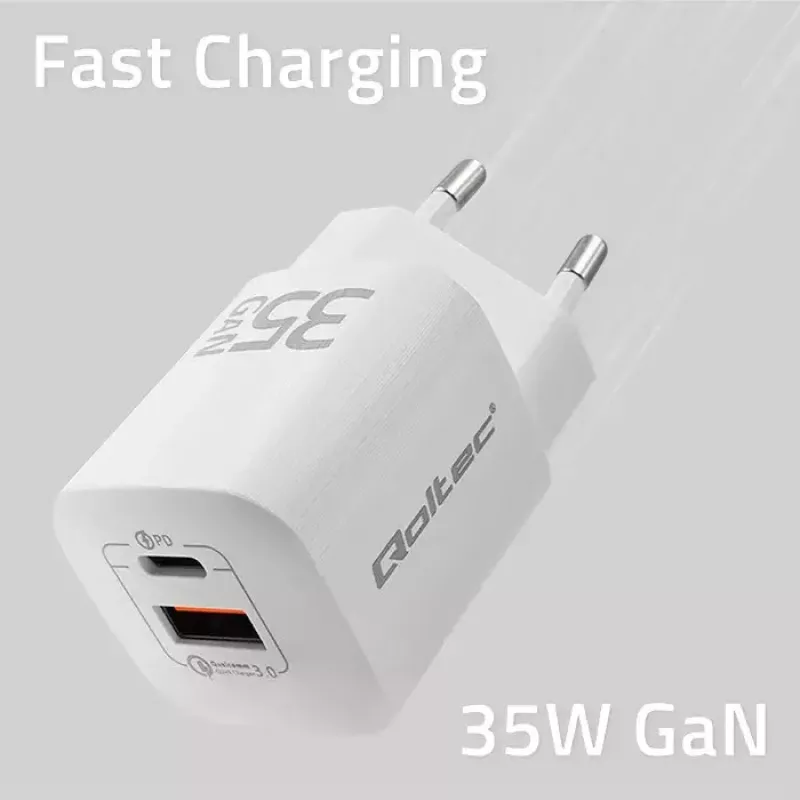 QOLTEC Charger 50763 — Indoor AC Fast Charger 35W, USB-C PD 3.0 + USB-A, 5–20V, White