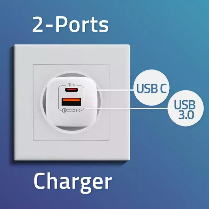 QOLTEC Charger 50763 — Indoor AC Fast Charger 35W, USB-C PD 3.0 + USB-A, 5–20V, White