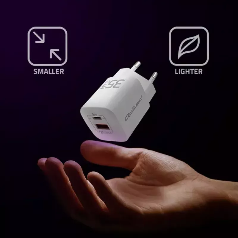 QOLTEC Charger 50763 — Indoor AC Fast Charger 35W, USB-C PD 3.0 + USB-A, 5–20V, White