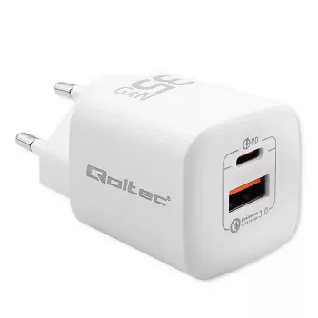 QOLTEC Charger 50763 — Indoor AC Fast Charger 35W, USB-C PD 3.0 + USB-A, 5–20V, White