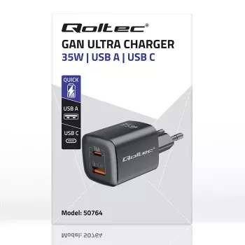 Charger QOLTEC 50764 indoor AC fast charger USB-C 35W PD 3.0 + USB-A, 5–20V, Type C europlug