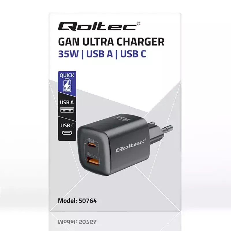 Charger QOLTEC 50764 indoor AC fast charger USB-C 35W PD 3.0 + USB-A, 5–20V, Type C europlug