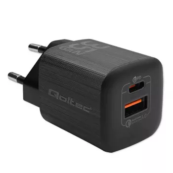 Charger QOLTEC 50764 indoor AC fast charger USB-C 35W PD 3.0 + USB-A, 5–20V, Type C europlug