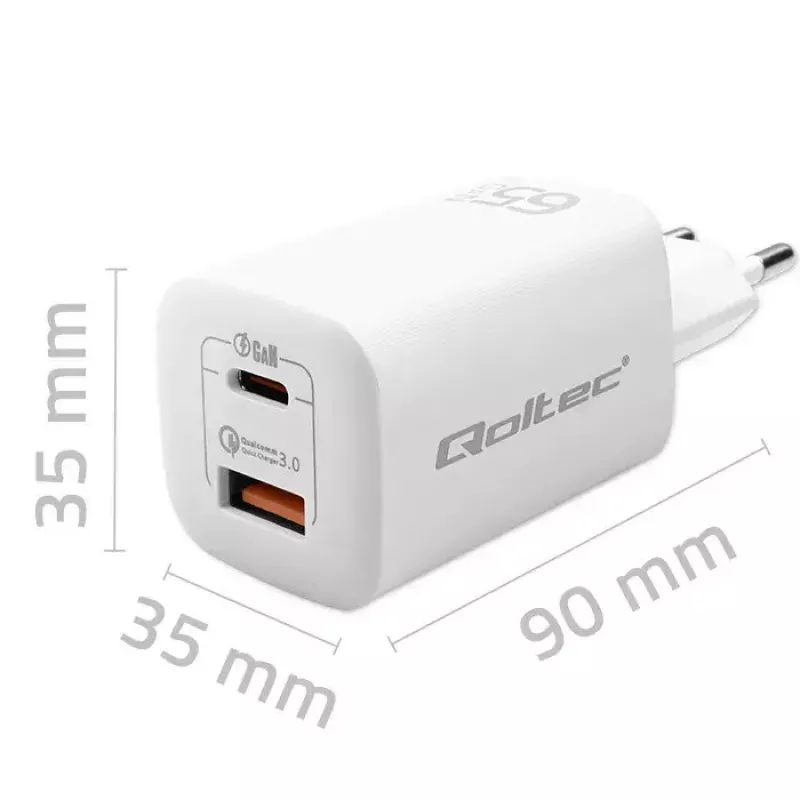 Indoor AC Fast Charger QOLTEC 50765 — 65W USB-C PD 3.0 + USB-A, 5–20V, Type-C Europlug, 2 devices