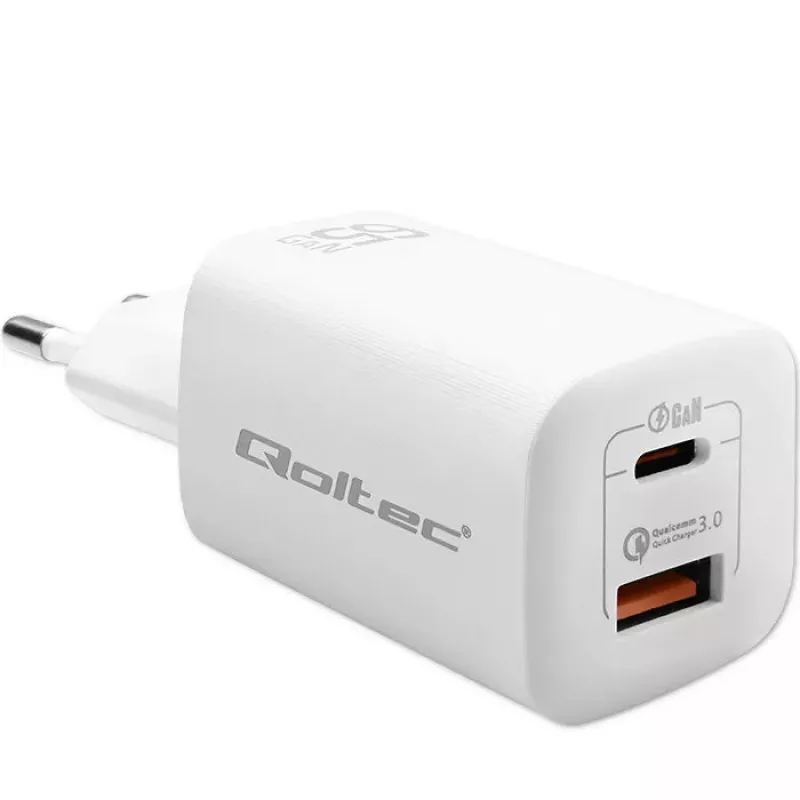 Indoor AC Fast Charger QOLTEC 50765 — 65W USB-C PD 3.0 + USB-A, 5–20V, Type-C Europlug, 2 devices