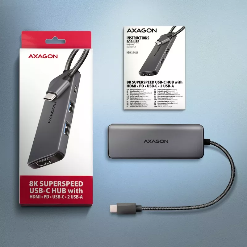 Axagon HMC-5H8K USB 5Gbps hub 2x USB-A USB-C HDMI 8k/30Hz PD 100W kabel USB-C Wired USB 3.2 Gen 1 (3.1 Gen 1) Type-C Grey
