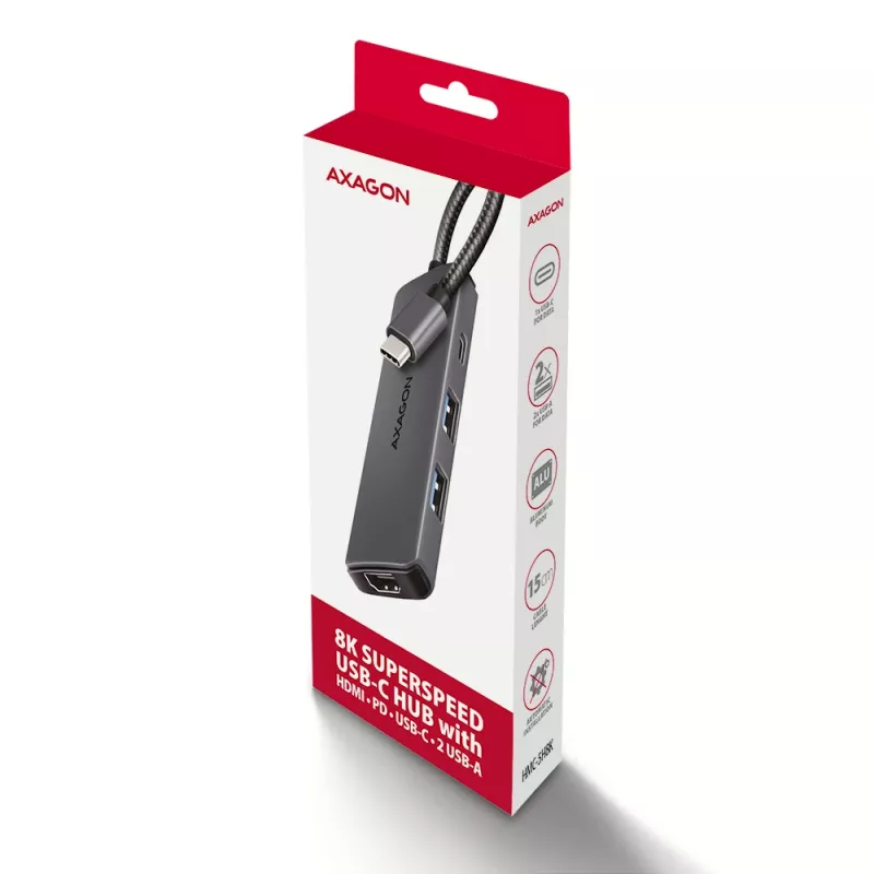 Axagon HMC-5H8K USB 5Gbps hub 2x USB-A USB-C HDMI 8k/30Hz PD 100W kabel USB-C Wired USB 3.2 Gen 1 (3.1 Gen 1) Type-C Grey