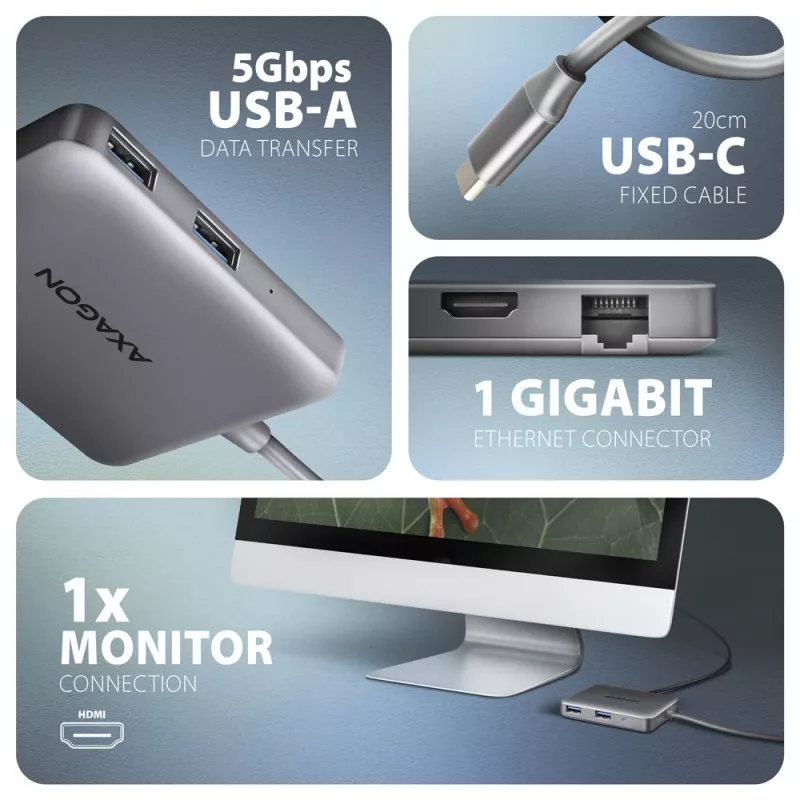 Axagon HMC-5HL USB 5Gbps hub, 2x USB-A, HDMI 4k/60Hz, RJ-45, PD 100W, 20cm USB-C cable