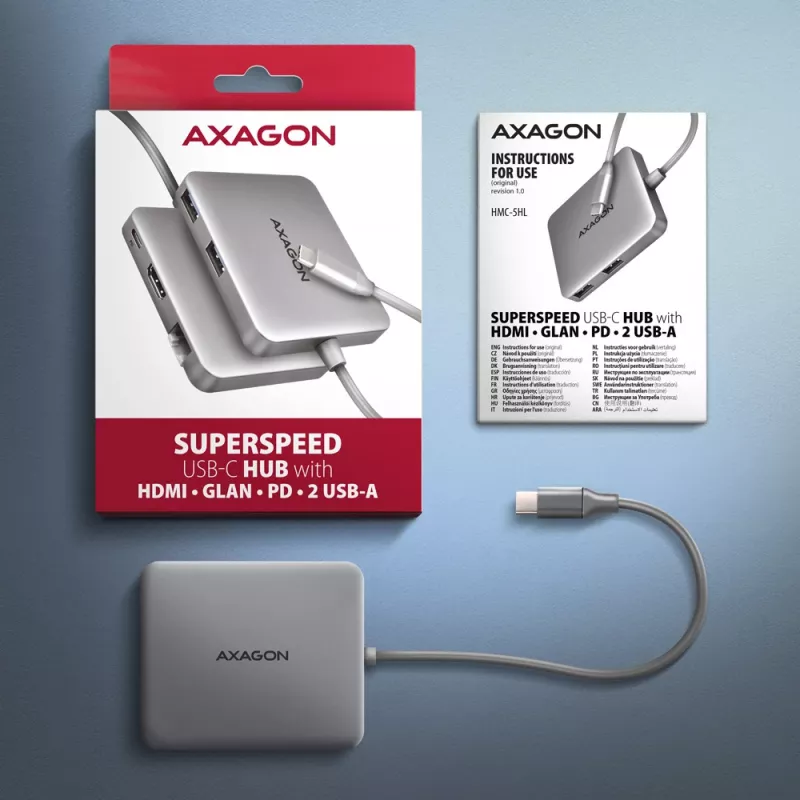 Axagon HMC-5HL USB 5Gbps hub, 2x USB-A, HDMI 4k/60Hz, RJ-45, PD 100W, 20cm USB-C cable