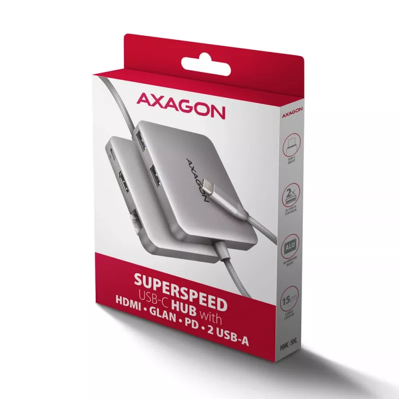 Axagon HMC-5HL USB 5Gbps hub, 2x USB-A, HDMI 4k/60Hz, RJ-45, PD 100W, 20cm USB-C cable