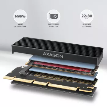 Axagon PCEM2-XS PCIe x16 - M.2 NVMe M-key slot adapter, w. passive alu heatsink