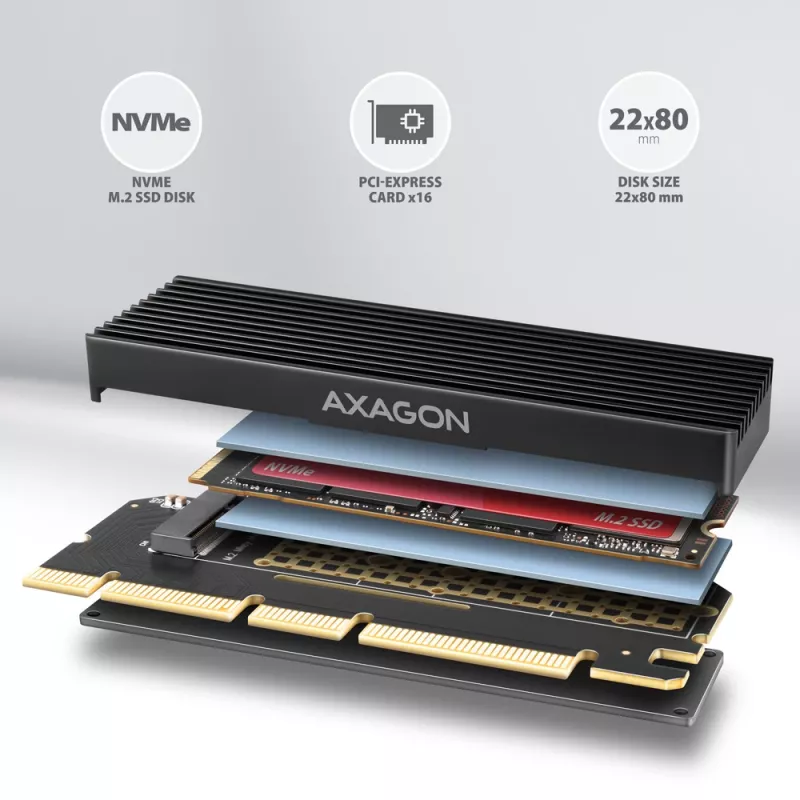 Axagon PCEM2-XS PCIe x16 - M.2 NVMe M-key slot adapter, w. passive alu heatsink