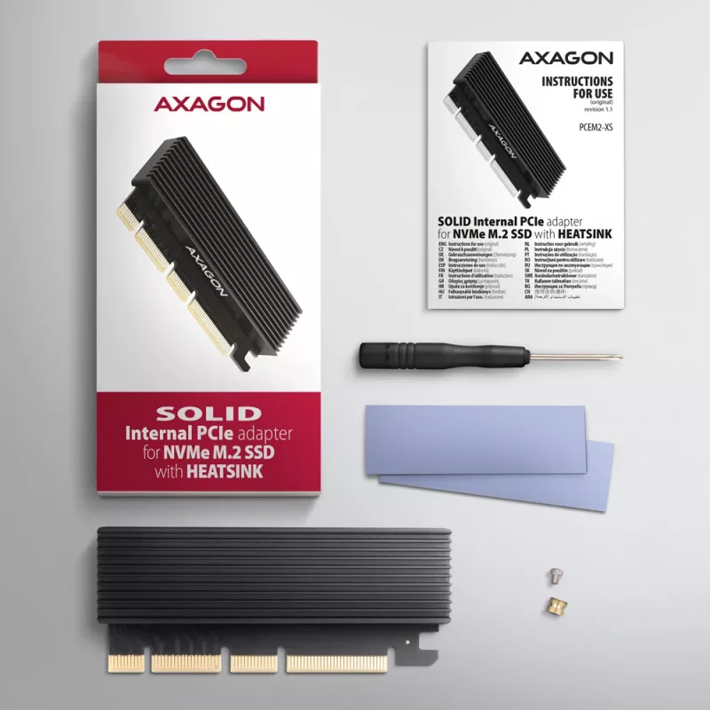 Axagon PCEM2-XS PCIe x16 - M.2 NVMe M-key slot adapter, w. passive alu heatsink