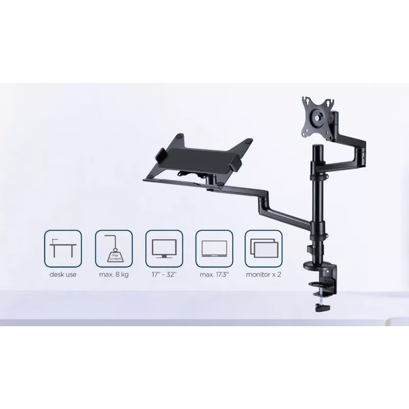 Gembird MA-DA-04 Adjustable Desk Mount with Monitor Arm and Notebook Tray, 17-32 inch