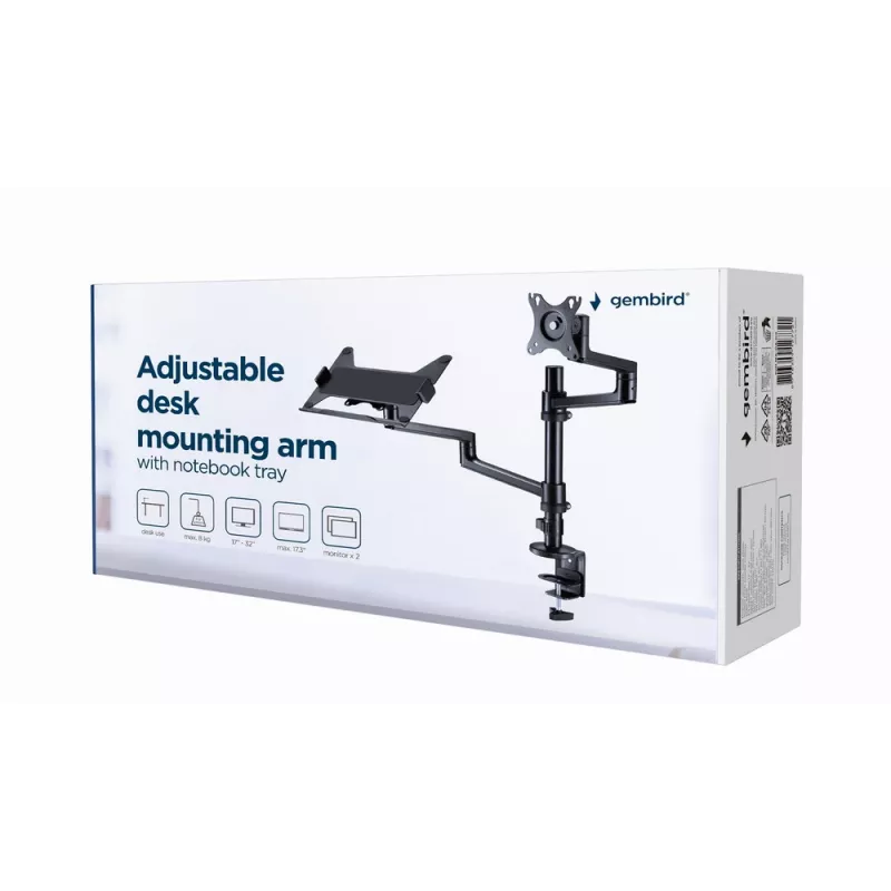 Gembird MA-DA-04 Adjustable Desk Mount with Monitor Arm and Notebook Tray, 17-32 inch