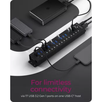 ICY BOX 17-Port Hub with USB 3.2 Gen 1 Type-A interface, USB 3.2 Gen 1 (3.1 Gen 1) Type-A, USB 3.2 Gen 1 (3.1 Gen 1) Type-A, USB Type-B, 5000 Mbit/s, Black, China, DC